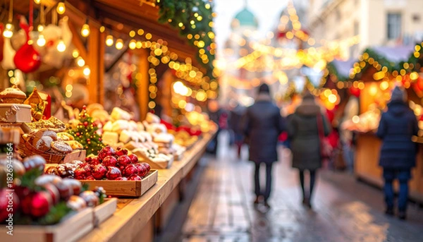 Fototapeta Perspectiva de una calle de mercado o mercadillo navideño con dulces y artículos navideños, iluminado con luces cálidas durante las fiestas y las compras de navidad