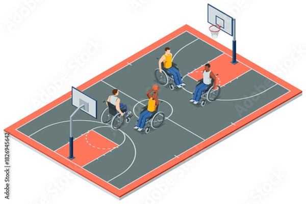 Fototapeta Isometric illustration of four wheelchair basketball players on an outdoor court, preparing for a play. Adaptive sports, teamwork, inclusion and athletic action shown from above.