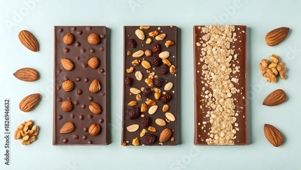 Fototapeta Three chocolate bars with nuts and dried fruits on a light blue background in a flat lay style