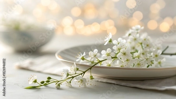 Fototapeta Close up of white blossoms on a plate with a bowl and bokeh background creating a soft aesthetic