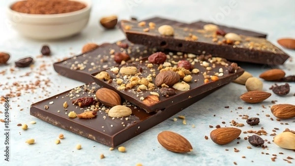 Fototapeta Close up of chocolate bars with nuts and a bowl of cocoa powder in a bright and airy setting