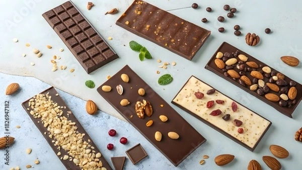 Fototapeta Assortment of artisan chocolate bars with nuts and toppings on a light blue textured surface view from above
