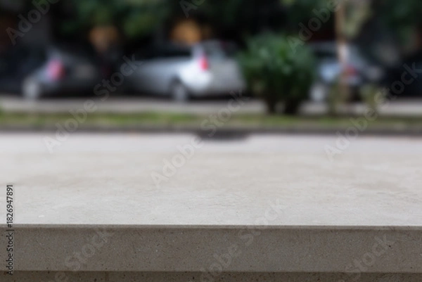 Fototapeta stone table countertop display urban copy space empty space city landscape. table with blurred city background. table marble display mock up