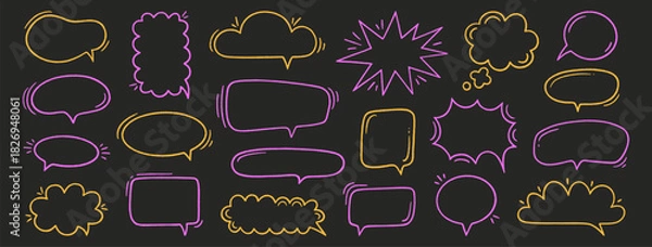 Fototapeta Crayon speech bubble set. Chat talk boxes. Line drawn colorful chalk frames. Kid doodle pencil drawing, dialogue balloon clouds. Thought elements on black background. Vector illustration