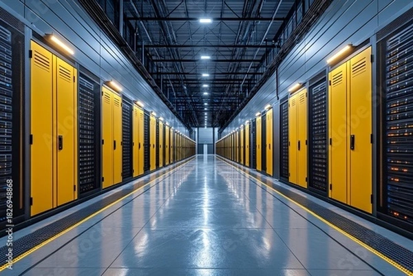 Fototapeta Data center futuristic corridor servers yellow doors symmetry modern architecture technology innovation security storage digital computing infrastructure
