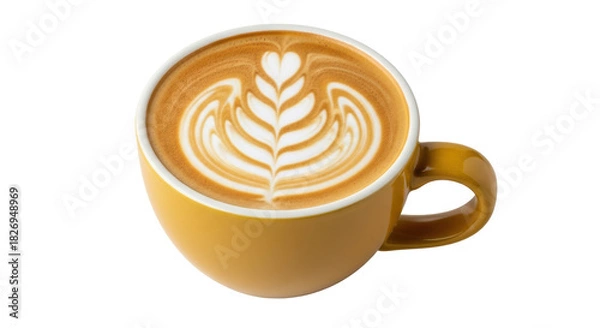 Fototapeta Latte art in yellow cup isolated on transparent background PNG, coffee drink with heart and leaf pattern for cafe menu