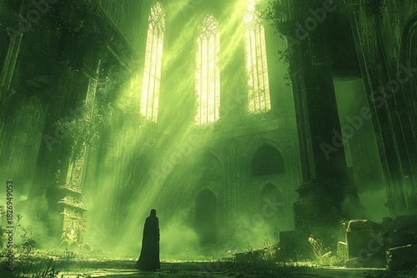 Fototapeta Dark cloaked figure standing alone inside ancient ruined cathedral with glowing green light mystical atmosphere fantasy gothic mysterious surreal environment