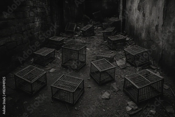 Fototapeta Empty bird cages scattered on dirty floor of dark abandoned building, creating eerie atmosphere with decay, neglect, silence and mystery mood