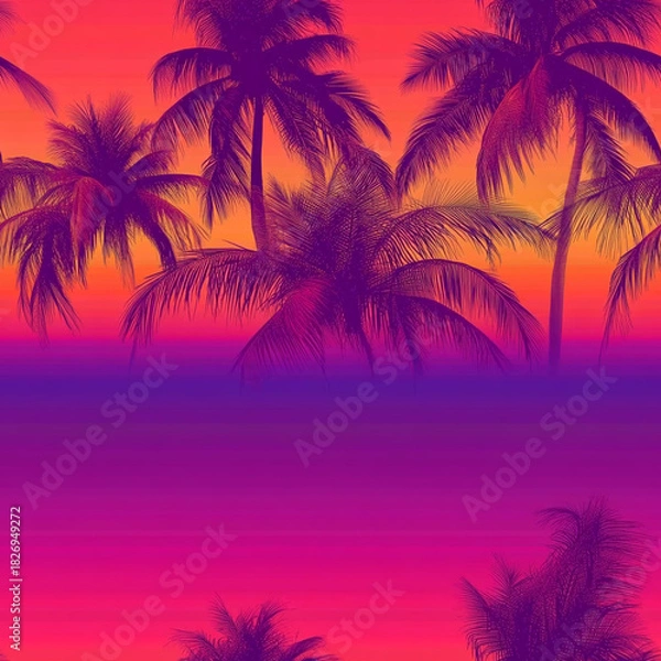 Fototapeta Tropical sunset with palm trees in vibrant purple and orange colors  