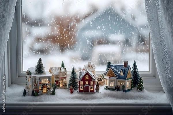 Fototapeta A cozy window sill adorned with a miniature Christmas village scene, with tiny houses and fake snow, as real snow falls outside 
