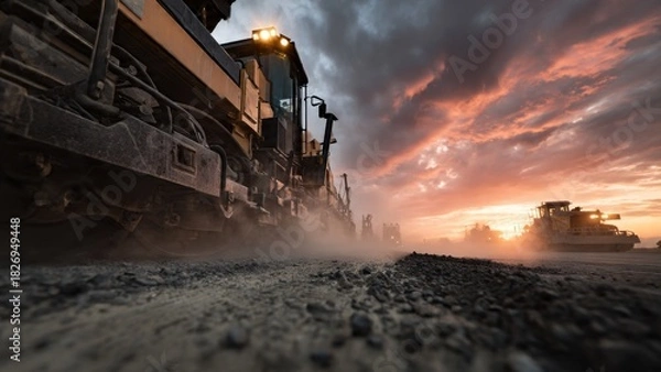 Obraz A powerful, ground-level perspective of heavy machinery, like an asphalt paver or roller, working on a new road construction site at dawn. Dust and steam rise, with a dramatic sky overhead.