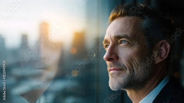 Obraz Contemplative business leader gazing out office window urban skyline portrait professional environment reflective mood