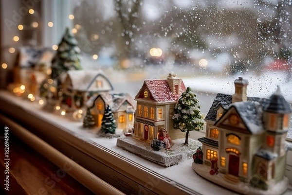 Fototapeta A cozy window sill adorned with a miniature Christmas village scene, with tiny houses and fake snow, as real snow falls outside 