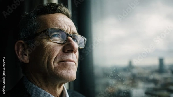 Obraz Contemplative business leader observing cityscape from office window professional setting urban environment