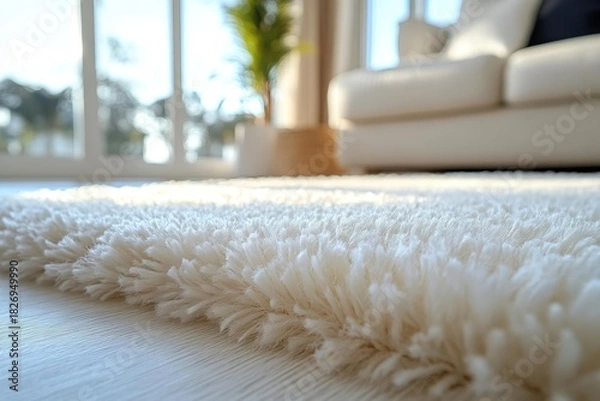 Fototapeta Soft thick white fluffy carpet in cozy warm winter room gentle lighting intimate atmosphere relaxing interior comfort calm evening serene home setting