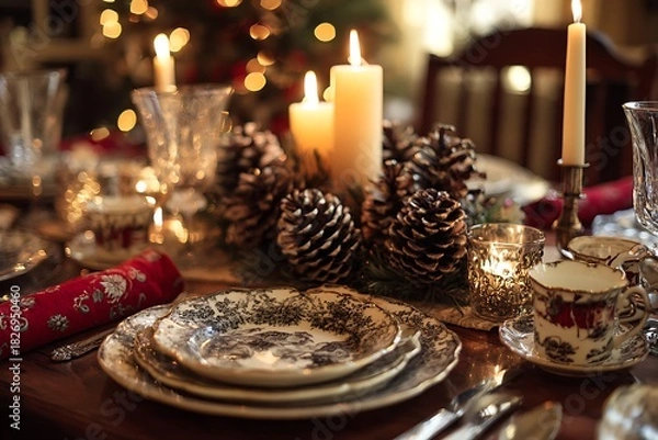 Fototapeta A dining table set for Christmas dinner, with a centerpiece of pine cones and candles, festive china, and silverware