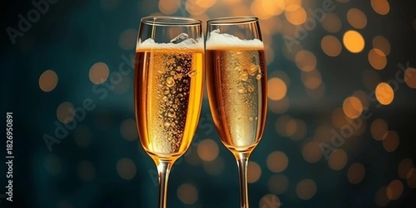 Fototapeta Elegant champagne flutes filled to the brim, bubbles rising,  glass,  new year
