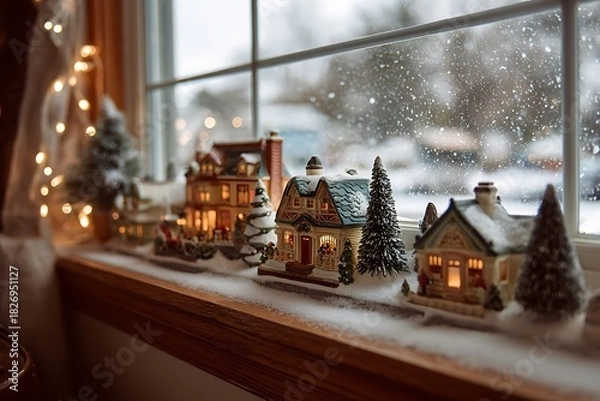 Fototapeta A cozy window sill adorned with a miniature Christmas village scene, with tiny houses and fake snow, as real snow falls outside 
