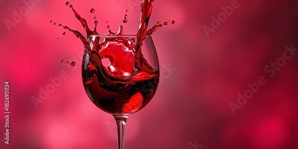 Fototapeta Crimson red wine splashing dramatically in a glass, creating dynamic droplets,   vibrant,  wine glass