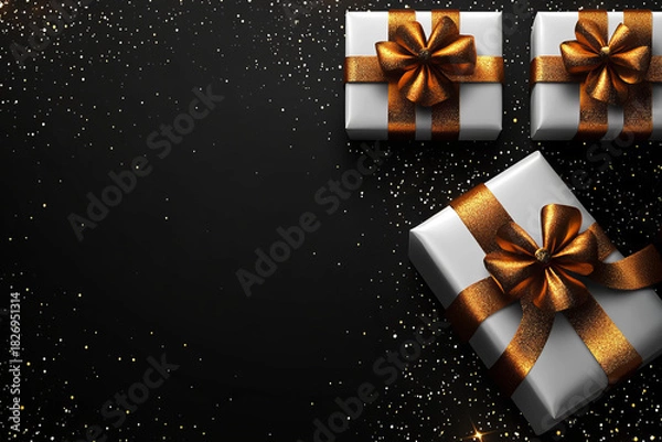 Fototapeta White gift boxes with golden ribbons and bows on black background with sparkling golden glitter festive holiday scene space for text