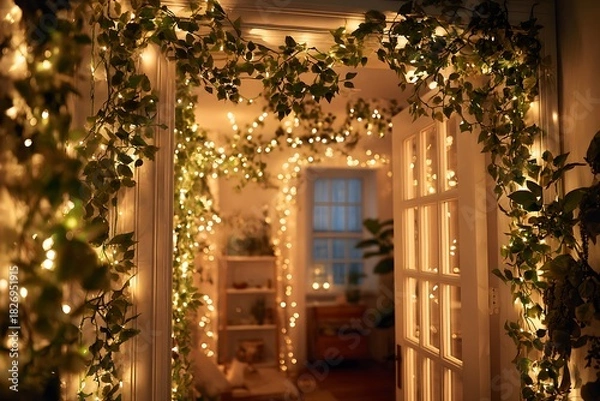 Fototapeta A doorway adorned with Christmas lights and hanging mistletoe, creating a warm and inviting glow in a hallway 