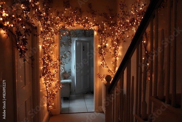 Fototapeta A doorway adorned with Christmas lights and hanging mistletoe, creating a warm and inviting glow in a hallway 