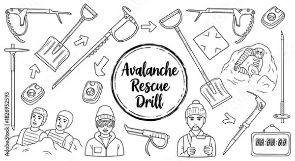 Fototapeta Avalanche rescue equipment and techniques illustrated in linear style for training and awareness
