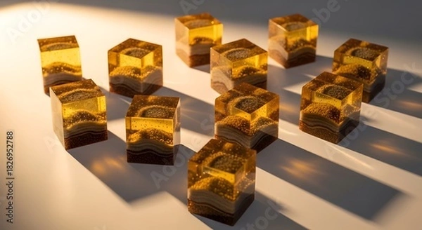Fototapeta Arrangement of resin cubes with embedded layers of sand and organic material on a white surface