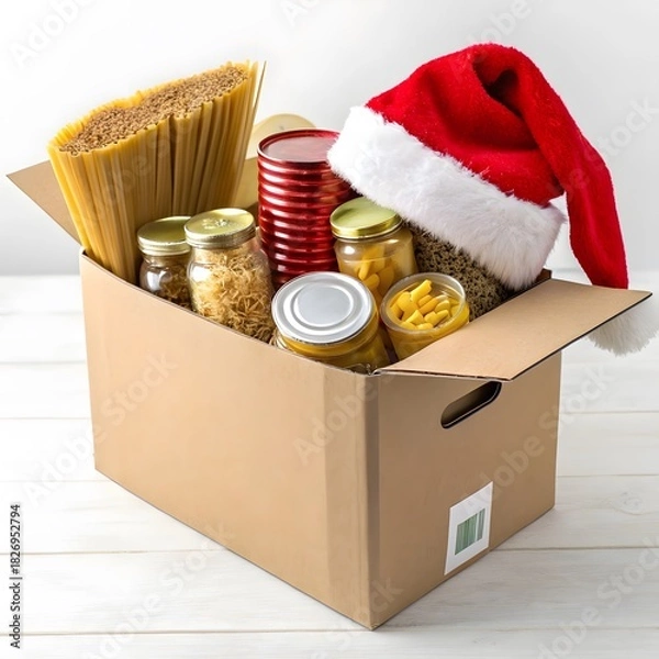 Fototapeta A box of food with pasta jars and a red christmas hat on top for the holidays donation drive event