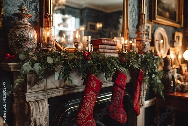 Fototapeta A festive mantelpiece decorated with fresh pine garlands, red stockings, and flickering candlelight, with a mirror reflecting the room 