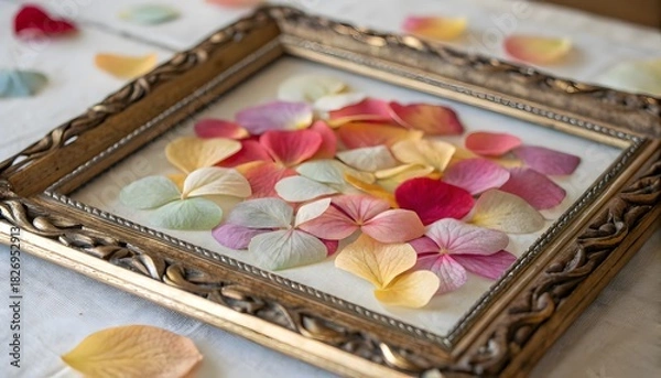Fototapeta Ornate frame displaying colorful flower petals on a white surface with scattered petals around it