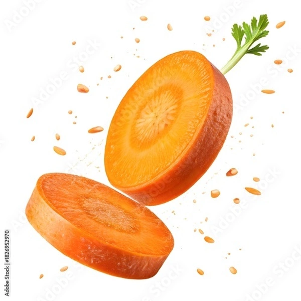 Fototapeta Two carrot slices with a stem and small pieces floating on a white background in a studio shot