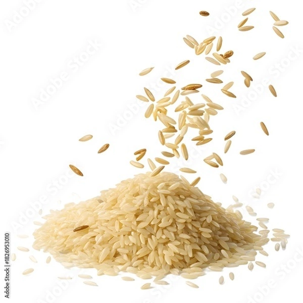 Fototapeta Pile of rice with grains falling down on a white background in a studio shot with good lighting