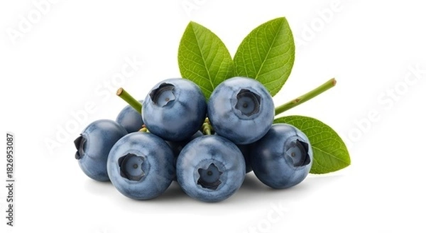 Fototapeta A small pile of blueberries with green leaves on a white background in a close up studio shot