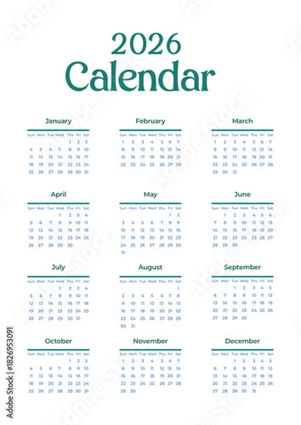 Fototapeta Neatly organized 2026 calendar with all months in grid layout, Sundays and holidays highlighted – practical yearly planner and elegant calendar design JPG
