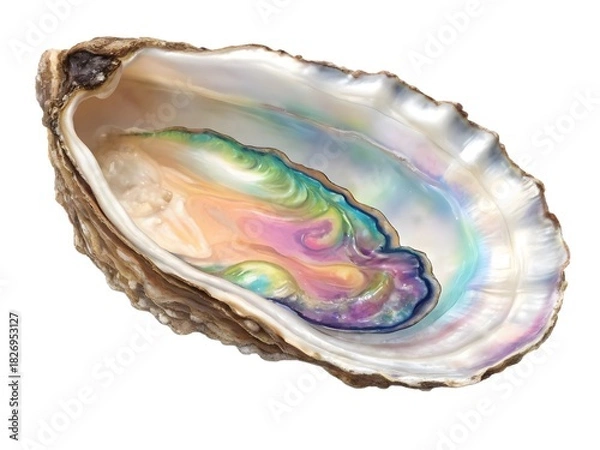 Fototapeta An open oyster shell with iridescent colors inside on a white background in a digital rendering