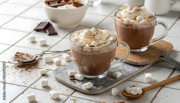 Fototapeta Two mugs of hot chocolate with marshmallows and whipped cream on a tiled surface and wooden spoon