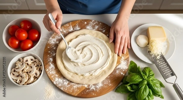 Fototapeta Person spreading cream on pizza dough surrounded by ingredients on a wooden board on a white table