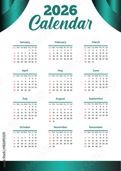 Fototapeta Sleek 2026 calendar with modern grid layout, gold-highlighted weekends, and bold futuristic title – stylish yearly planner and elegant calendar design JPG