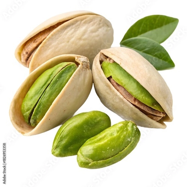 Fototapeta A close up view of pistachios with shells and green leaves on a white background in a studio shot