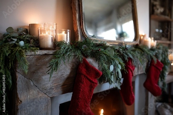 Fototapeta A festive mantelpiece decorated with fresh pine garlands, red stockings, and flickering candlelight, with a mirror reflecting the room 