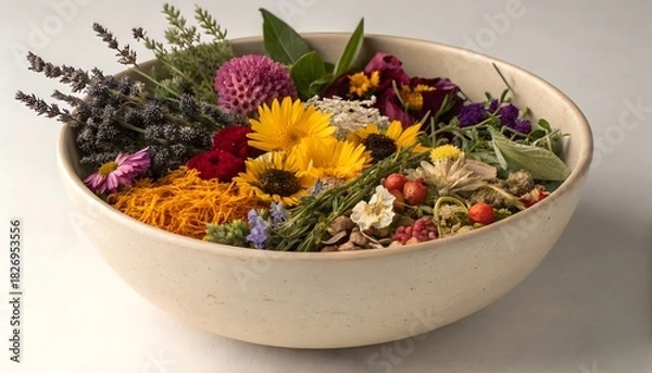 Fototapeta A ceramic bowl filled with a variety of colorful flowers and herbs on a white surface in soft lighting