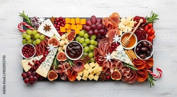 Fototapeta Overhead view of a festive charcuterie board with cheese meat fruit and holiday decorations arranged nicely