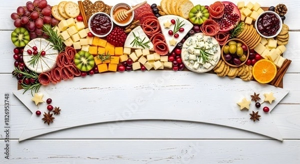 Fototapeta An overhead shot of a charcuterie board filled with various cheeses meats and fruits on a white table