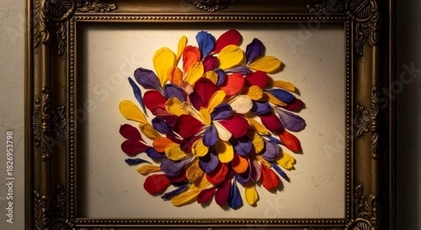 Fototapeta Framed art piece featuring a colorful arrangement of petals in a circular pattern display on a wall