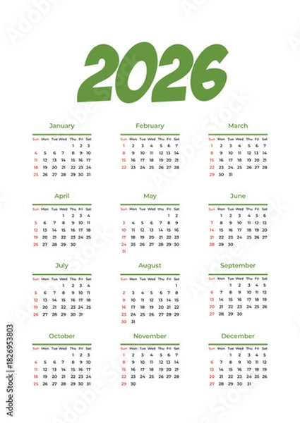 Fototapeta Neatly organized 2026 calendar with all months in grid layout, Sundays and holidays highlighted – practical yearly planner and elegant calendar design JPG