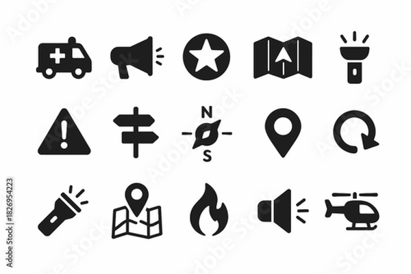 Fototapeta Emergency and navigation icons: ambulance, megaphone, location, flashlight, map, helicopter