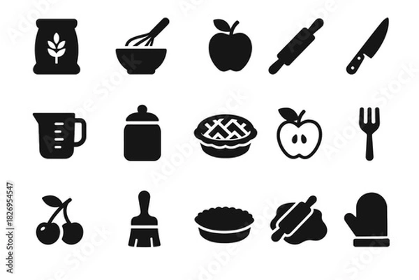 Fototapeta Silhouette icons of baking tools and ingredients - apples, cherry, pie, baking utensils