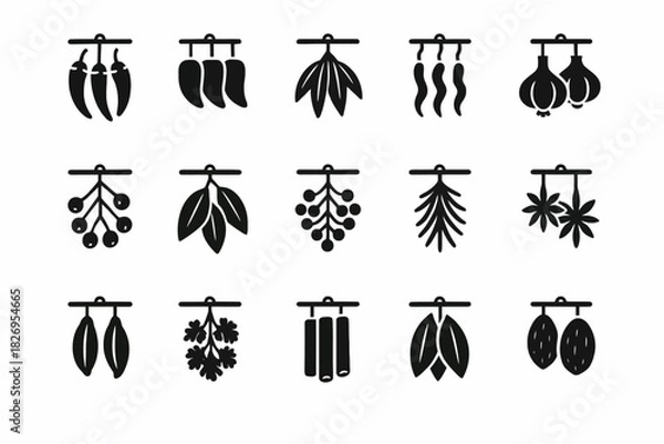 Fototapeta Collection of hanging spice and herb icons in black and white