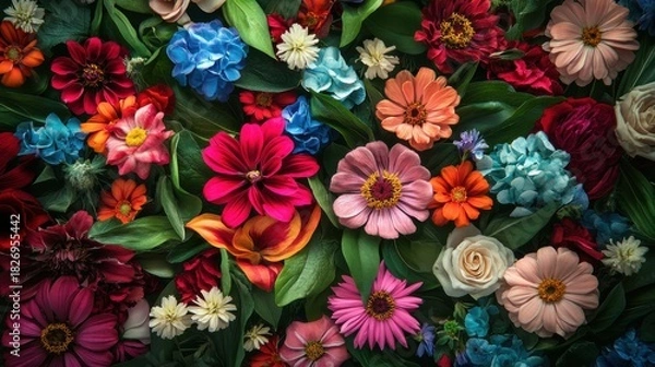 Fototapeta A vibrant and lush garden scene filled with colorful blooming flowers and green leaves, creating a beautiful and intricate natural pattern